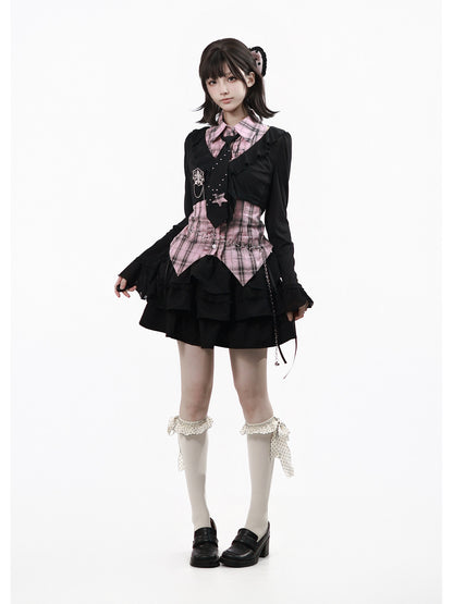 Plaid Vest Shirt And Ruffle Tier Skirt PIN0044