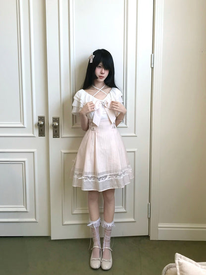 Pink Crisscross Ruffle Cape Sleeve Dress LAL0186