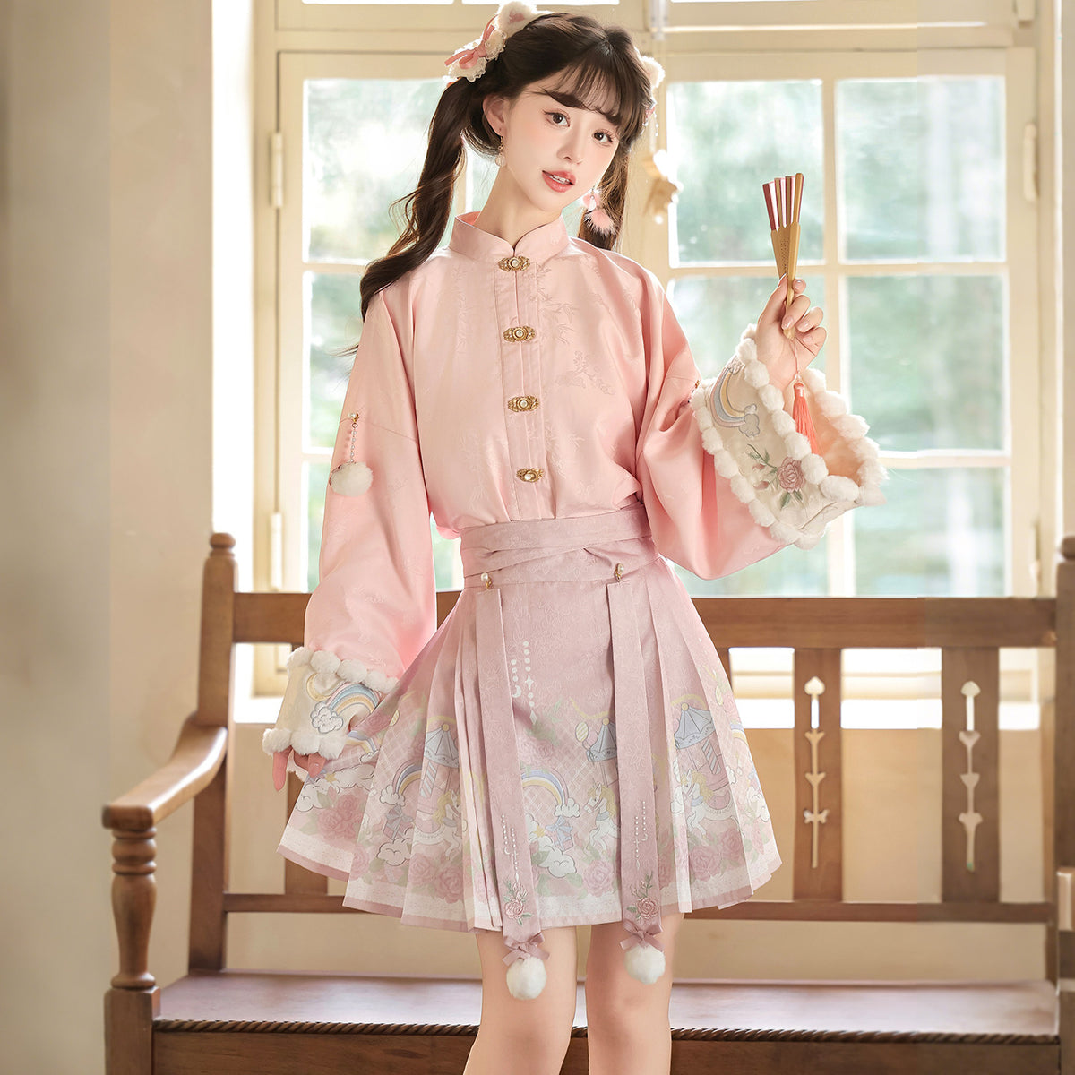 Chinese Style Floral Embroidered Vest Top Pleated Skirt Set YOU0265