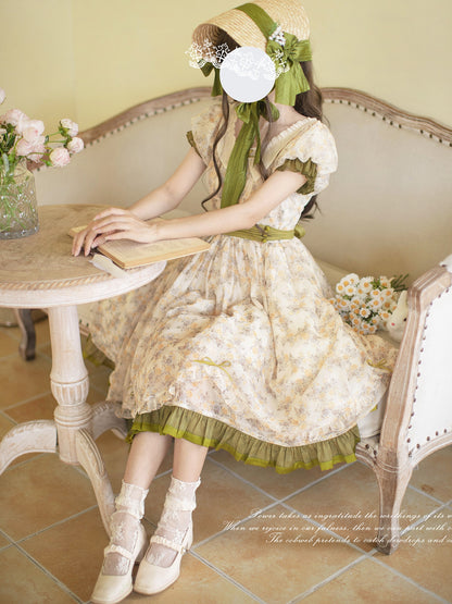 French Retro Flower Style Green Dress HUT0048