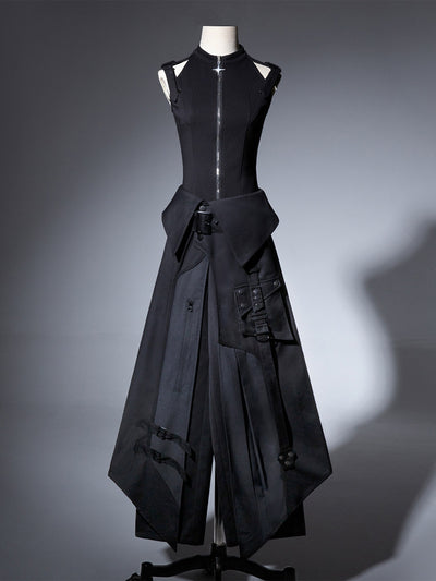 Black Gothic Asymmetric Apron Pants Set YOU0291