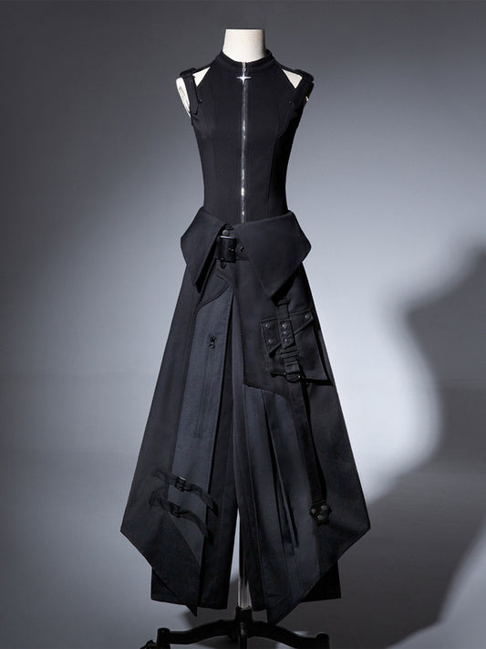 Black Gothic Asymmetric Apron Pants Set YOU0291