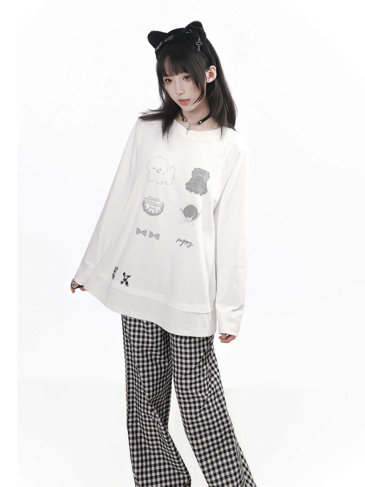 Puppy Patch Long Sleeve Top With Gingham Pants PIN0029