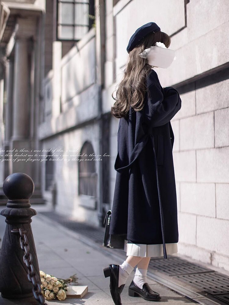 Navy Wool Double-Breasted College Coat HUT0160