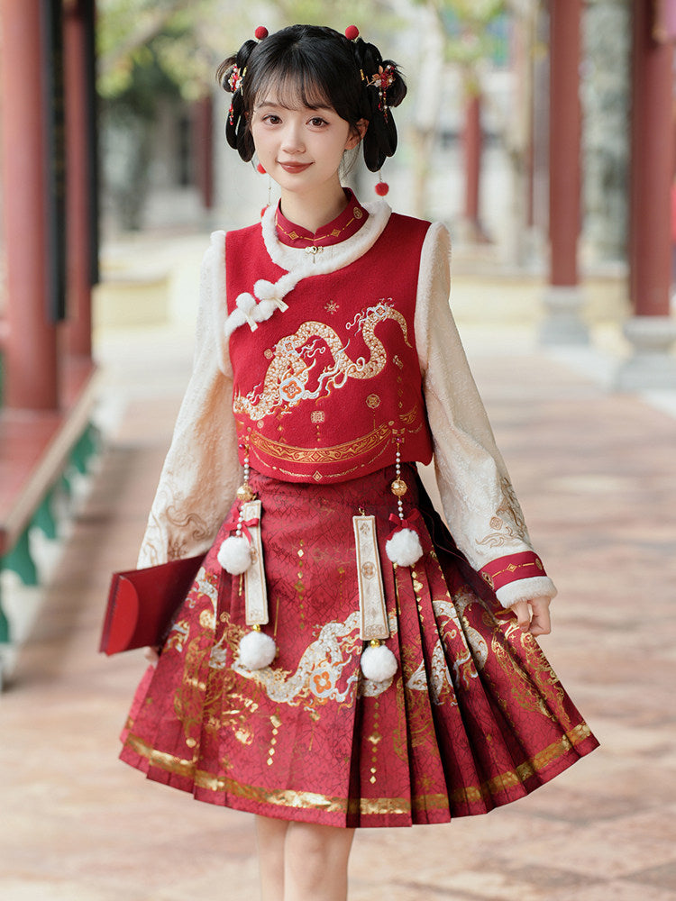 Chinese Dragon Embroidered Vest And Skirt Set YOU0288