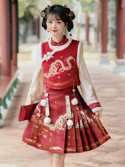 Chinese Dragon Embroidered Vest And Skirt Set YOU0288