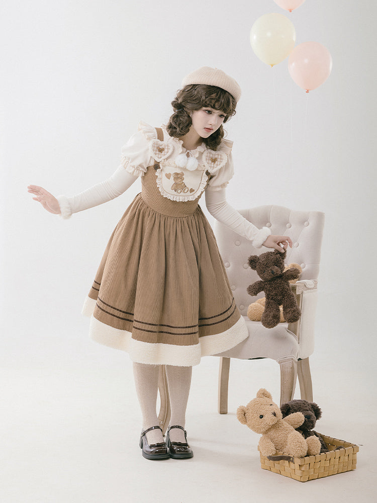 Corduroy Mid-Length Dress with Bear Embroidery WIT0208