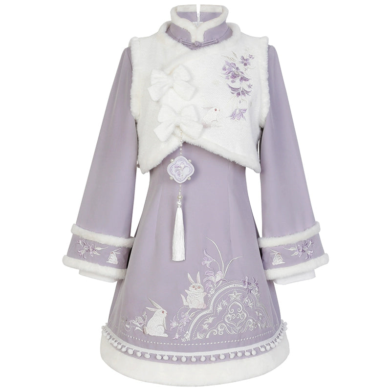 Rabbit Embroidery Light Purple China DressYOU0093