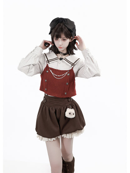 Sailor Collar Striped Shirt And Bloomer Skirt PIN0043