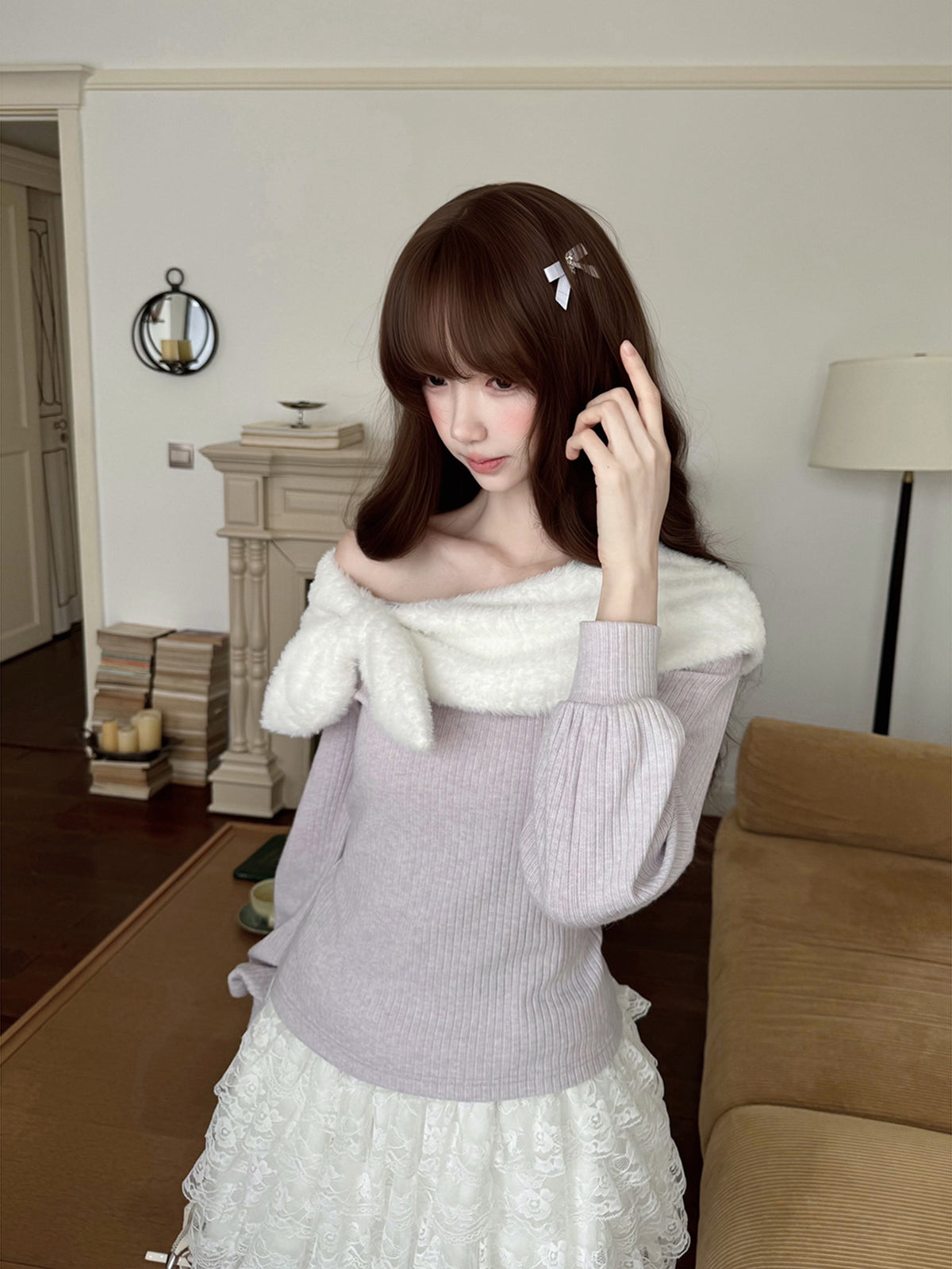 Lilac Bow Off Shoulder Knit Top LAL0148