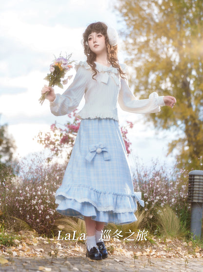 Lace Collar Ribbon Lantern Sleeve Top LAL0161