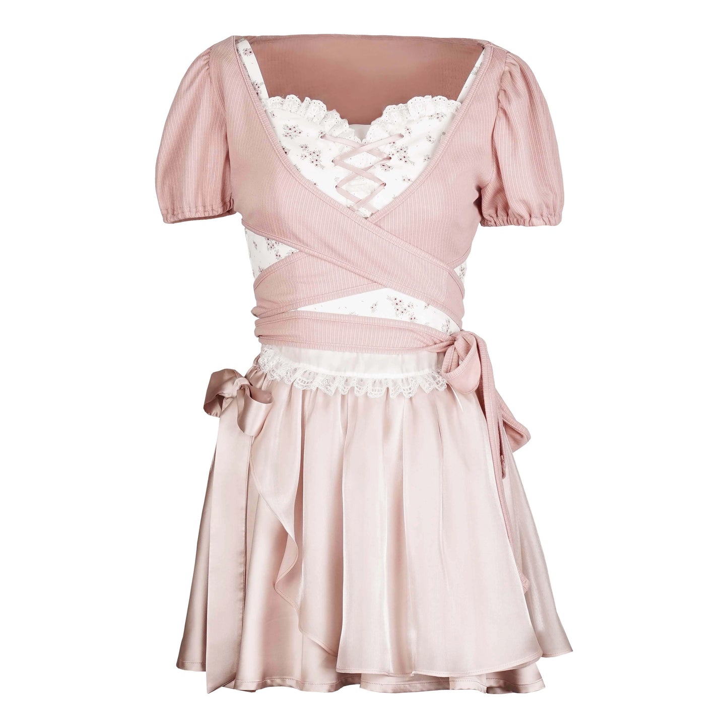 Girly Lace-up tops & Pink Pearl Skirt PIN0006