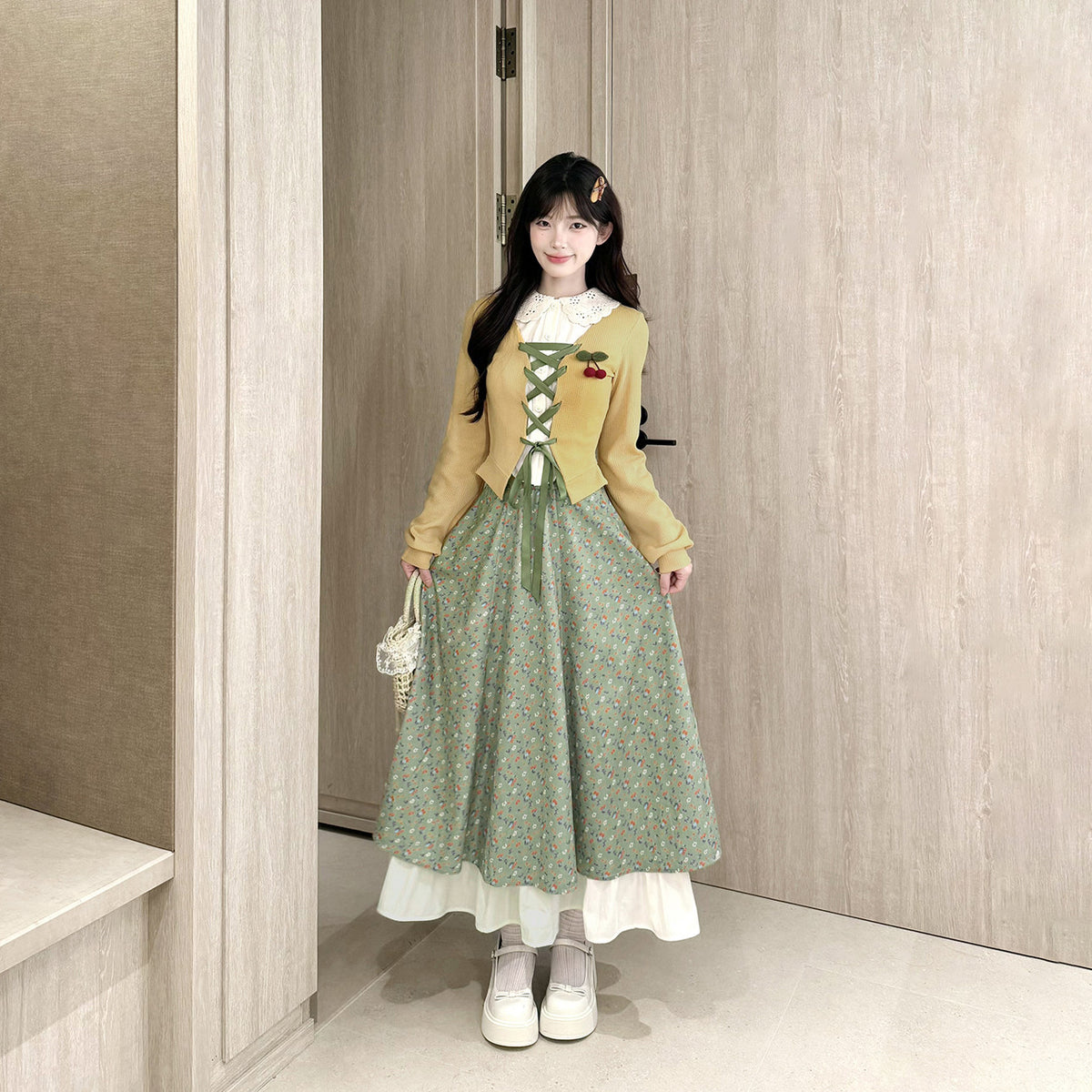 Vintage Lace-Up Cardigan Floral Midi Skirt Set BEL0042