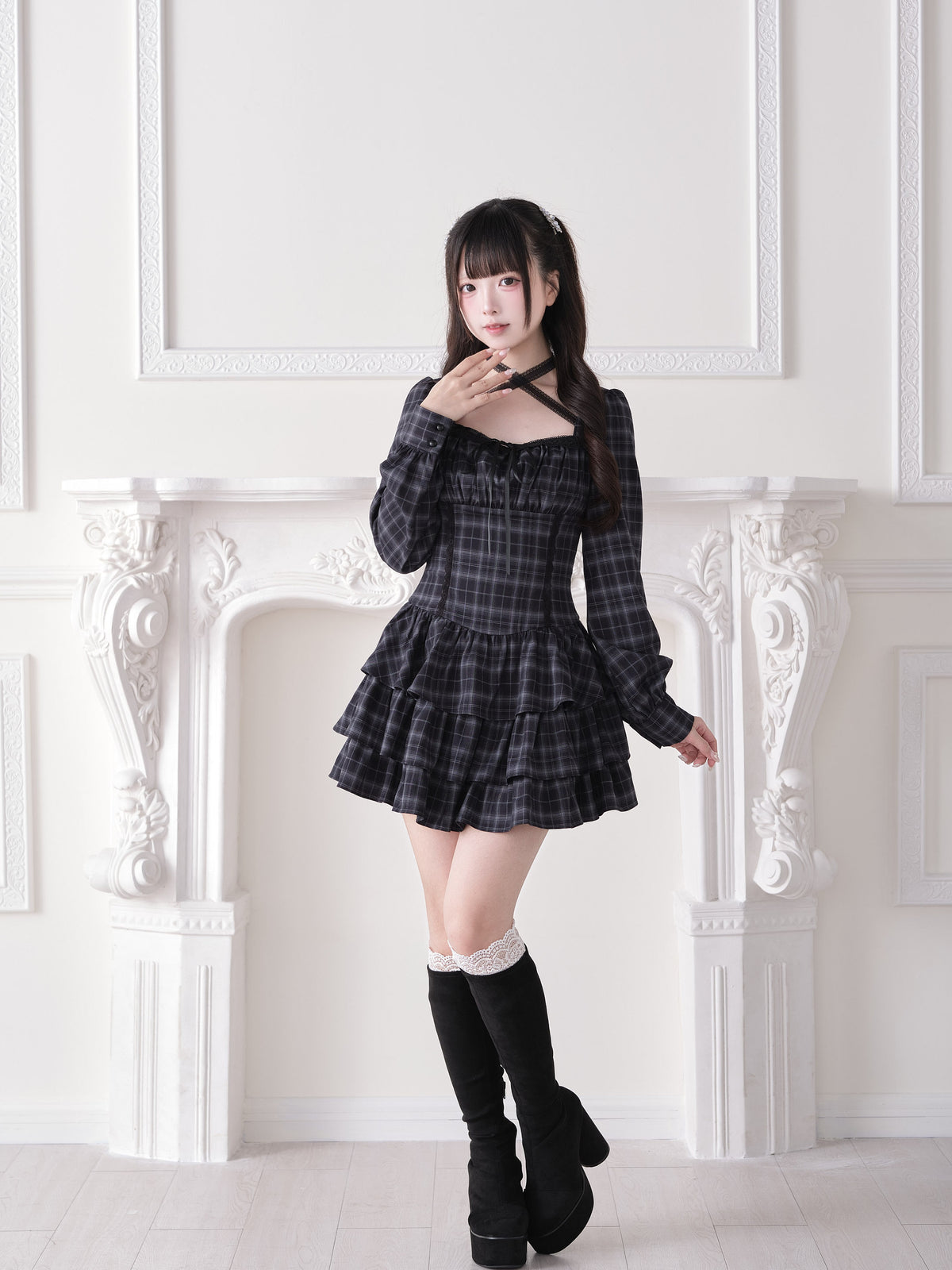 Crisscross Strap Plaid Tiered Dress NOG0028