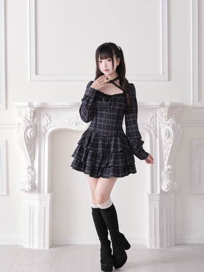 Crisscross Strap Plaid Tiered Dress NOG0028