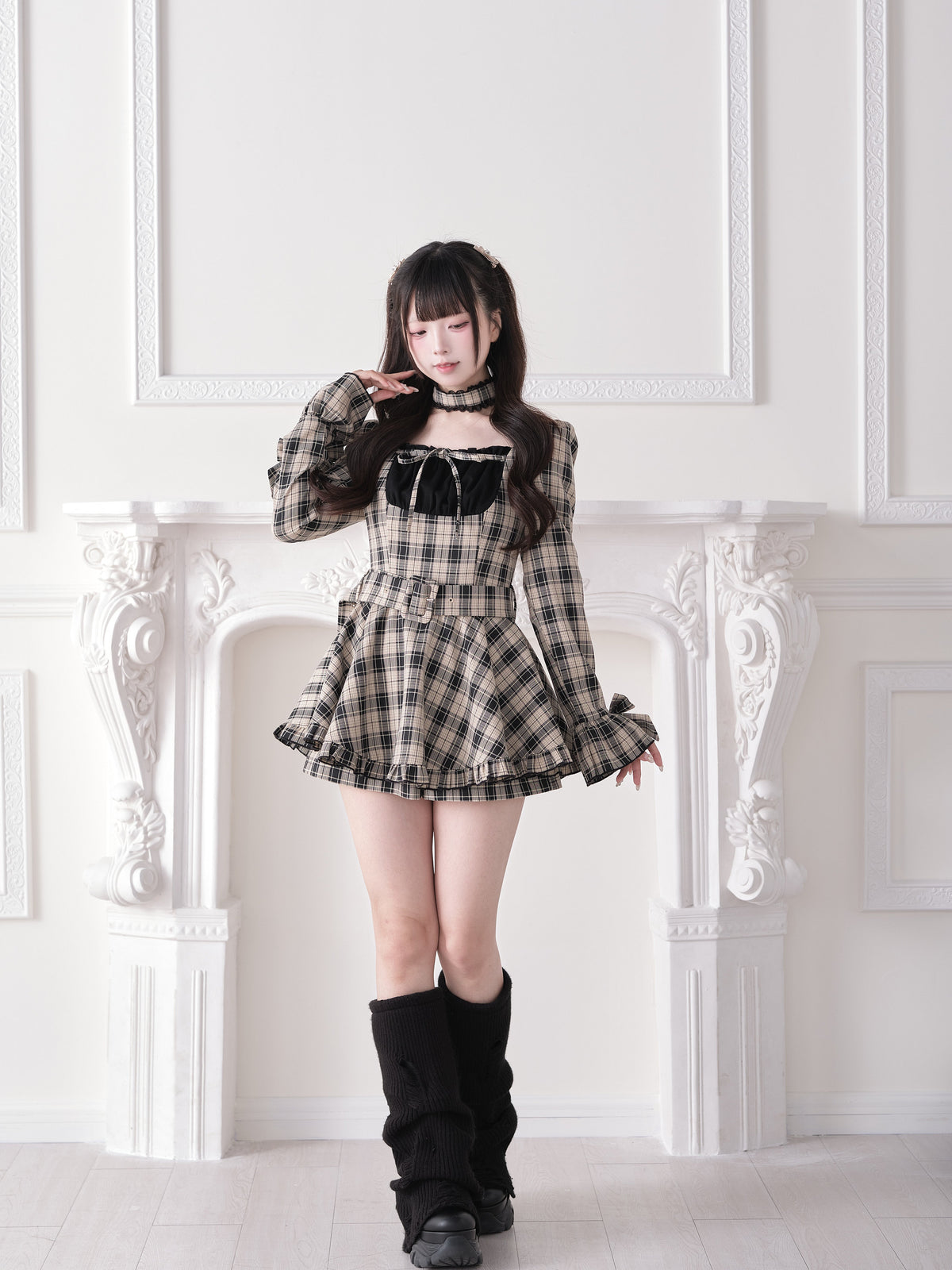 Plaid Square Neck Belted Dress NOG0027