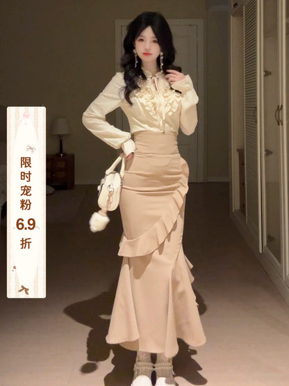Ruffle Collar Blouse High Waist Mermaid Skirt Set BEL0023
