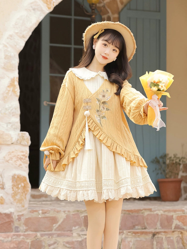 Sunflower Embroidery Frill Dress YOU0168