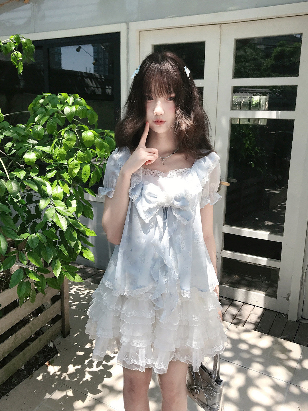 Floral Puff Sleeve Lace Trim Blouse LAL0199