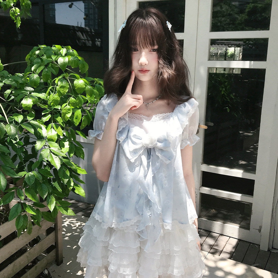 Floral Puff Sleeve Lace Trim Blouse LAL0199