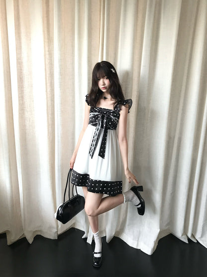 Polka Dot Bow Tie Pleated Dress LAL0193