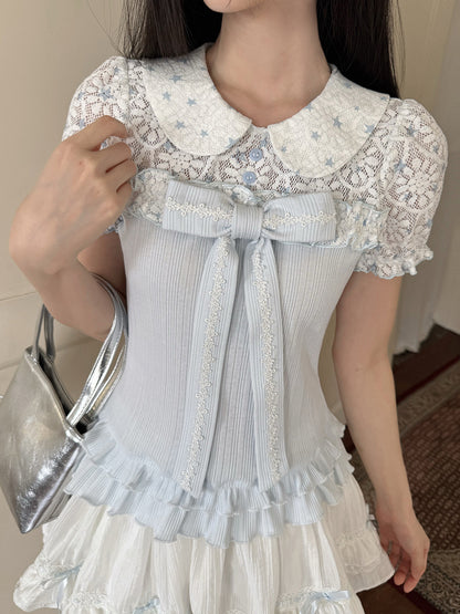 Doll Collar Lace Bow Puff Sleeve Blouse LAL0226