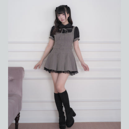 Collared Plaid Pleated Pinafore Dress NOG0030