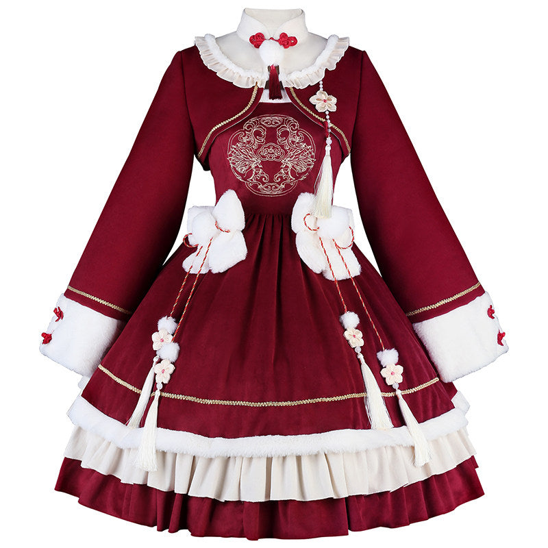 Chinese Style Red New Year Cape Dress Set YOU0236