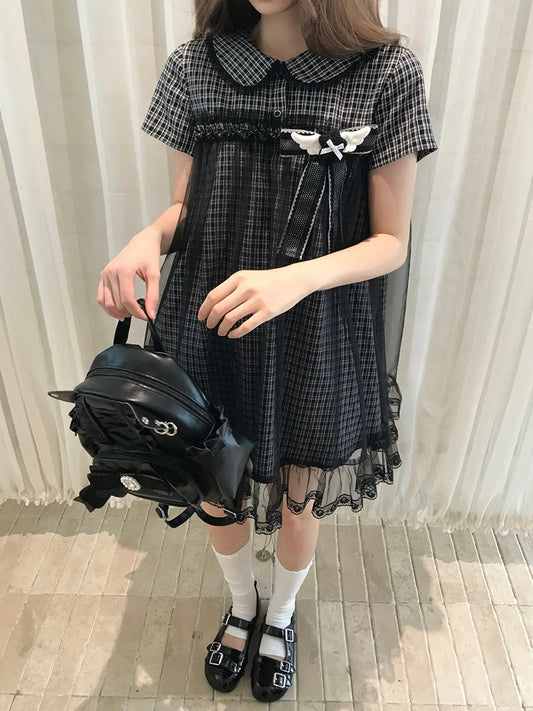 Vintage Plaid Wing Bow Dress LAL0221