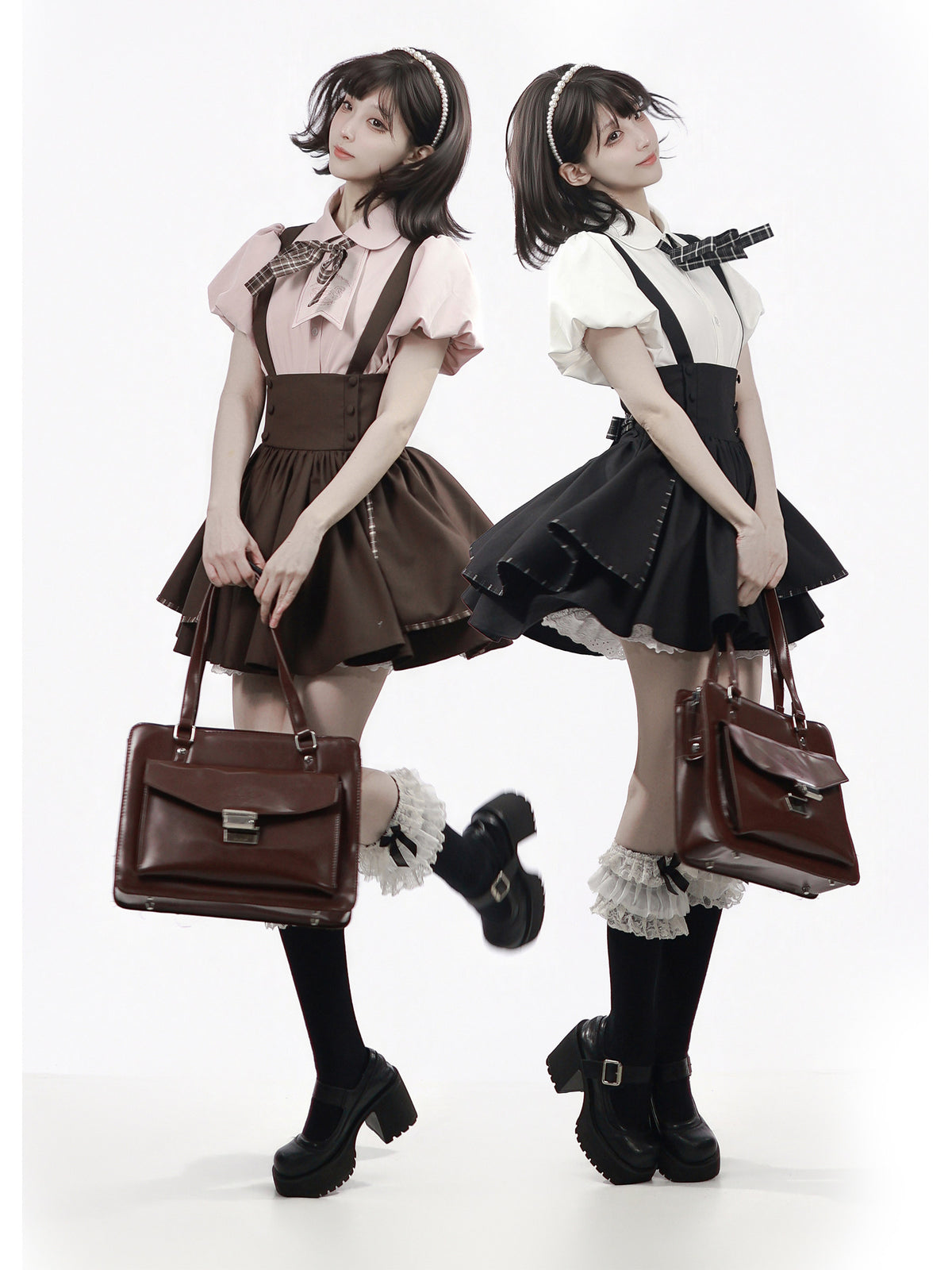 Preppy Embroidered Blouse And Suspender Skirt PIN0047