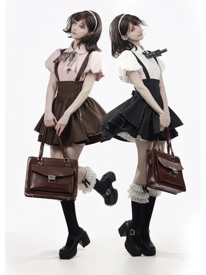 Preppy Embroidered Blouse And Suspender Skirt PIN0047