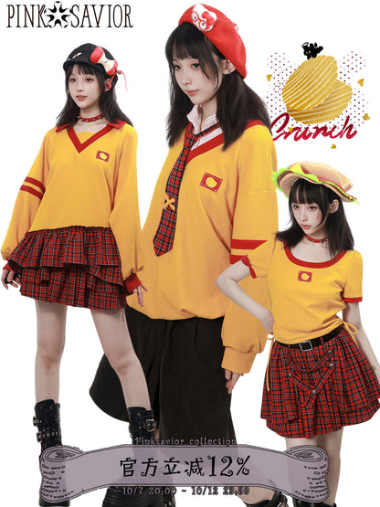 V-Neck Color Block Sweatshirt And Plaid Skirt Set PIN0052