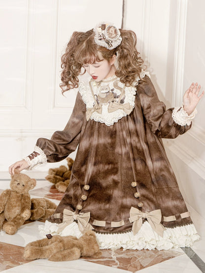 Cat Print Sweet Brown Lolita Dress YOU0012