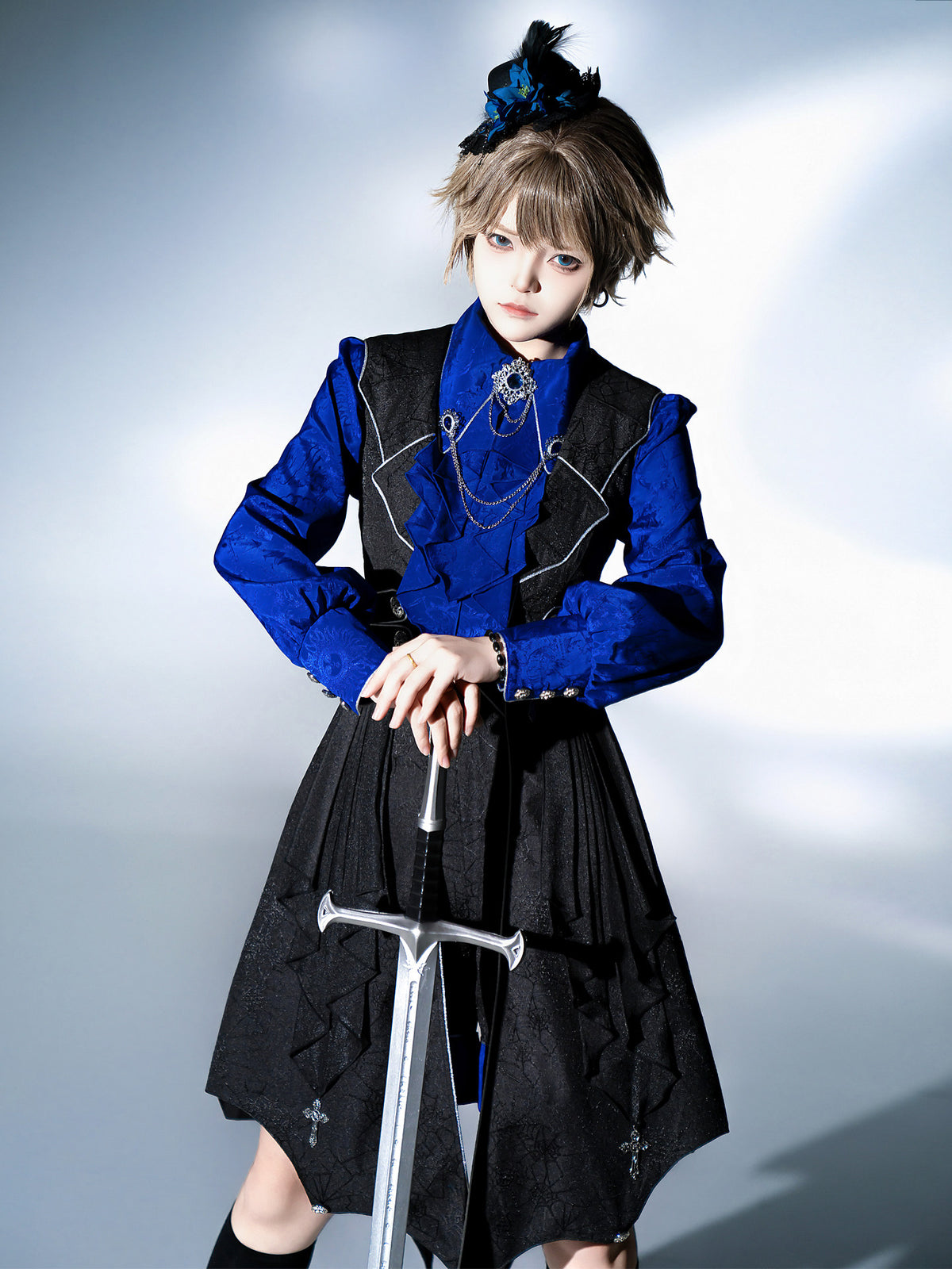 Gothic Knight Blue Shirt Vest And Shorts Set YOU0259