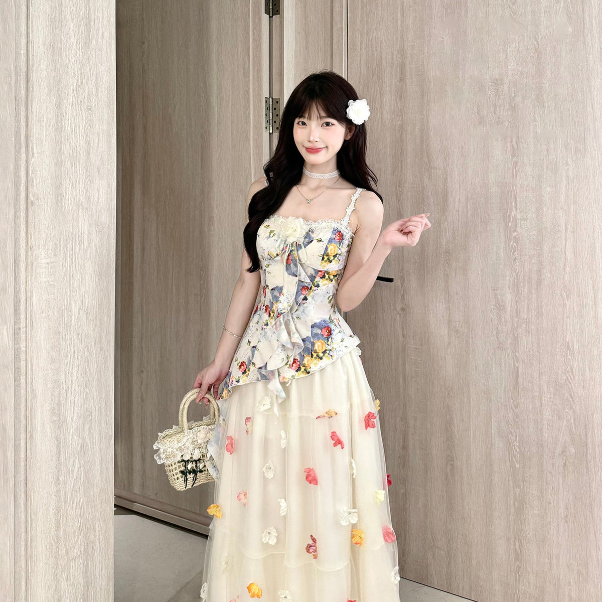 Floral Strap Top Mesh Skirt Set BEL0036