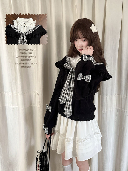 Plaid Sailor Collar Knit Sweater With Tie LAL0237