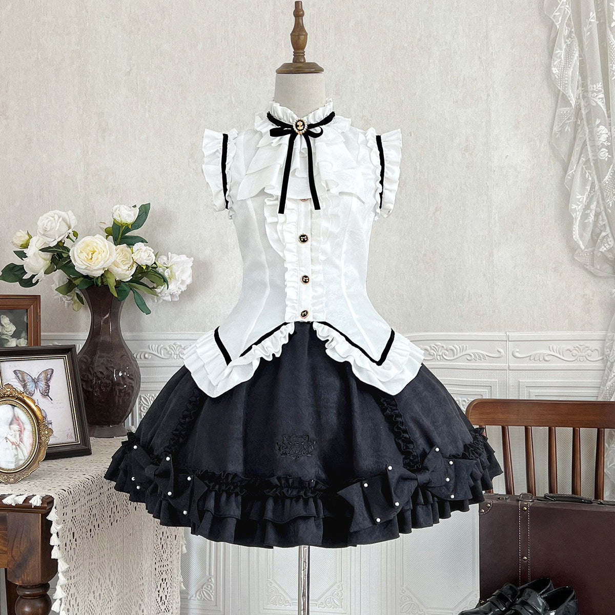 Black White Ruffled Lolita Vest Skirt Set YOU0269