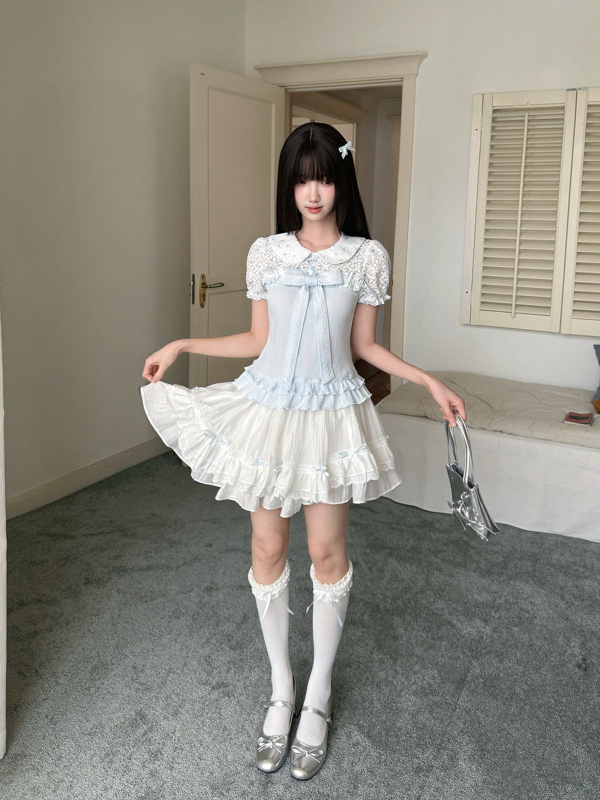 Doll Collar Lace Bow Puff Sleeve Blouse LAL0226
