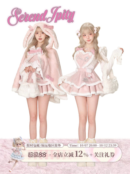 Pink Bunny Ear Hooded Cape And Pinafore Dress Set SER0138