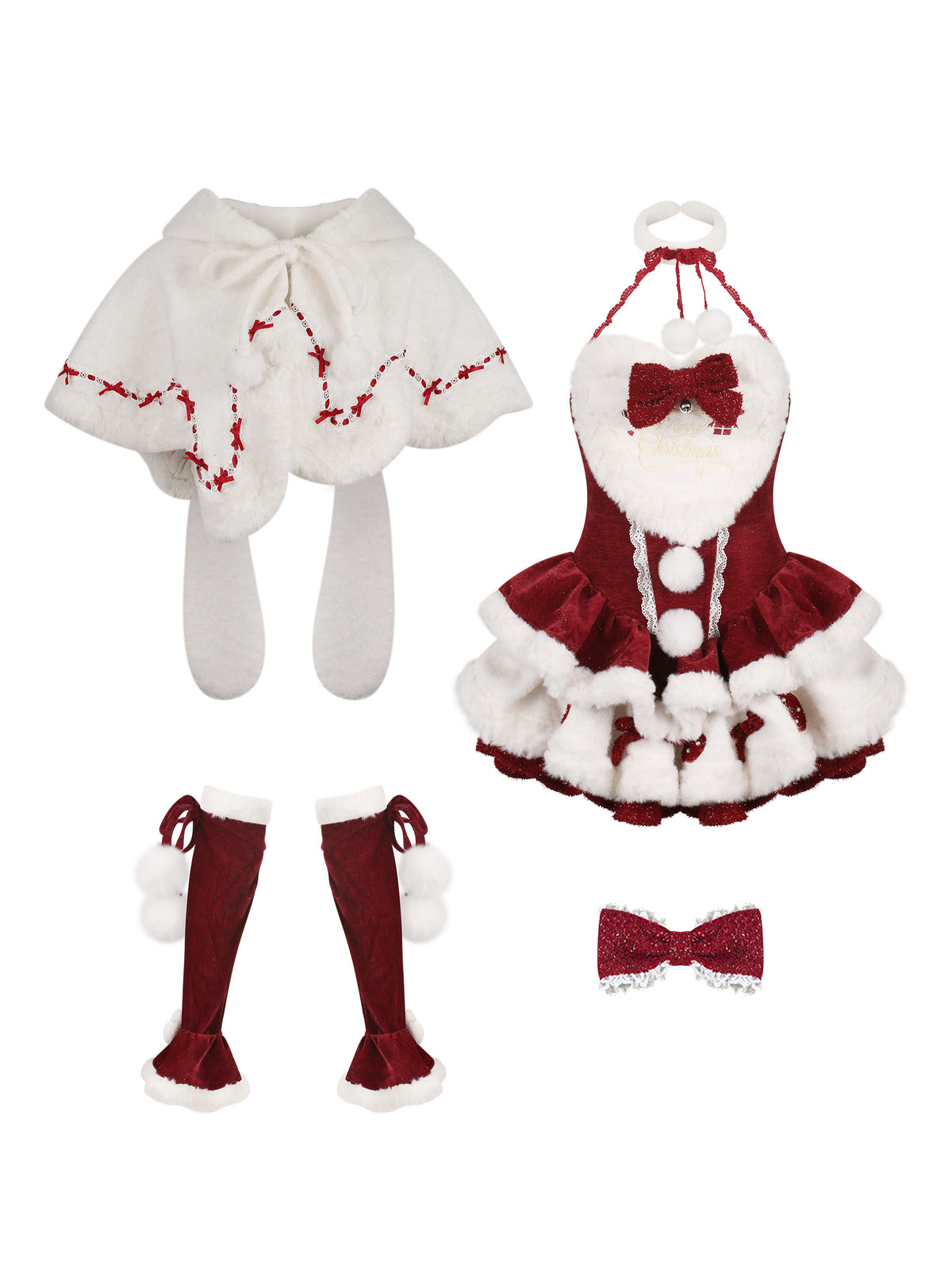 Red Velvet Halter Dress With Bunny Ear Cape Set SER0140