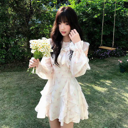 Floral Chiffon Ruffle Puff Sleeve Dress LAL0175
