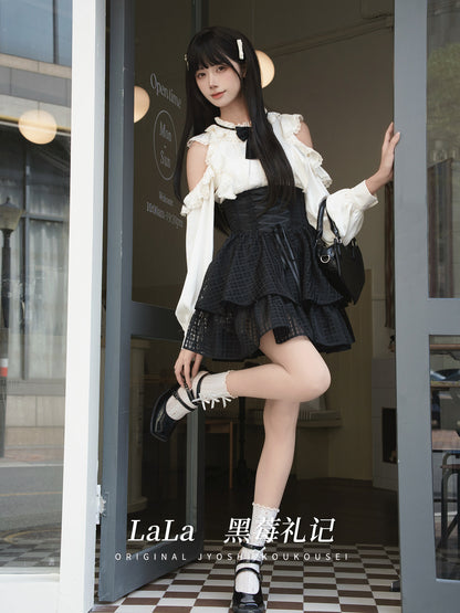 Off Shoulder Bow Blouse With Corset Tiered Skirt LAL0164
