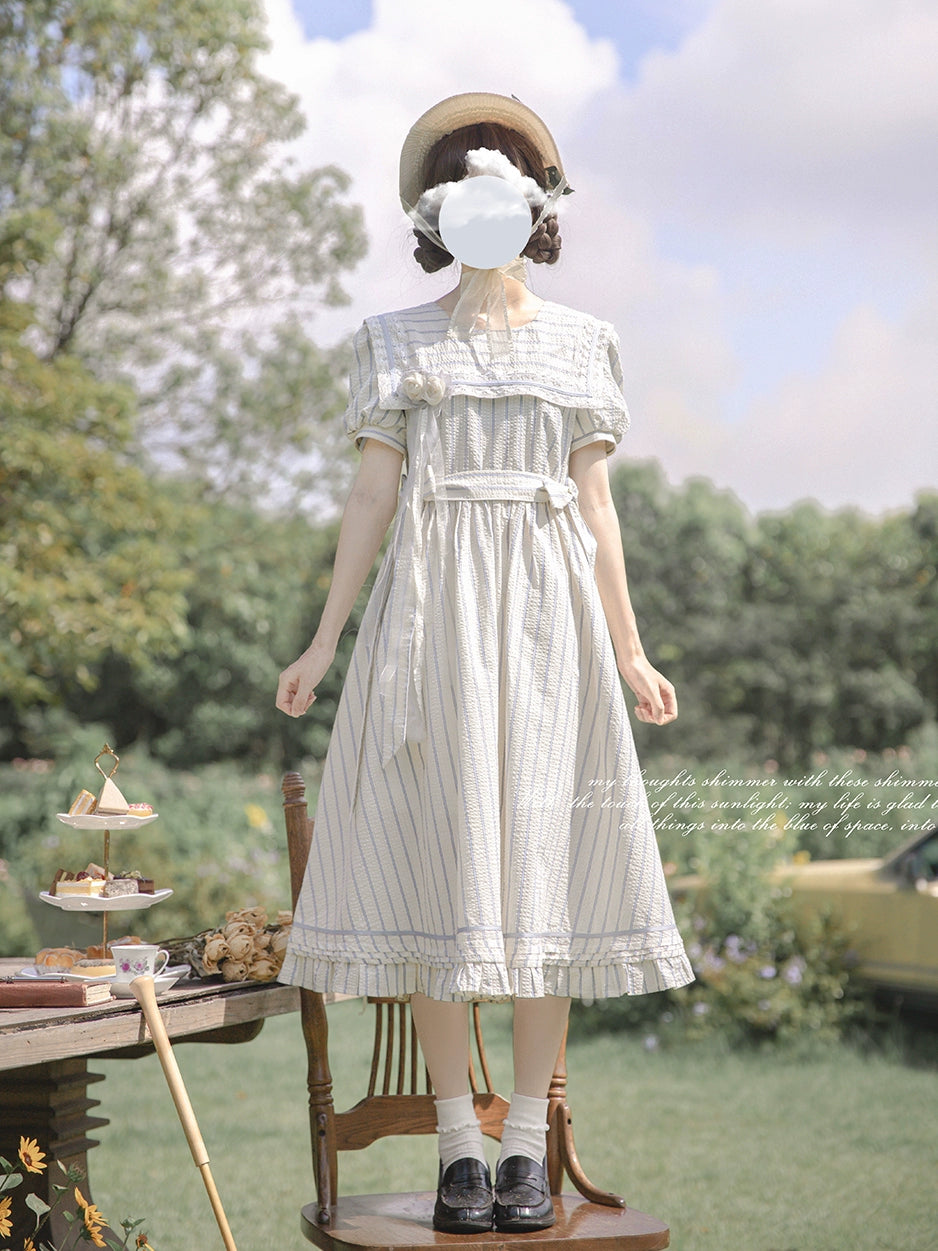 Stripe Style White Elegant Dress HUT0074