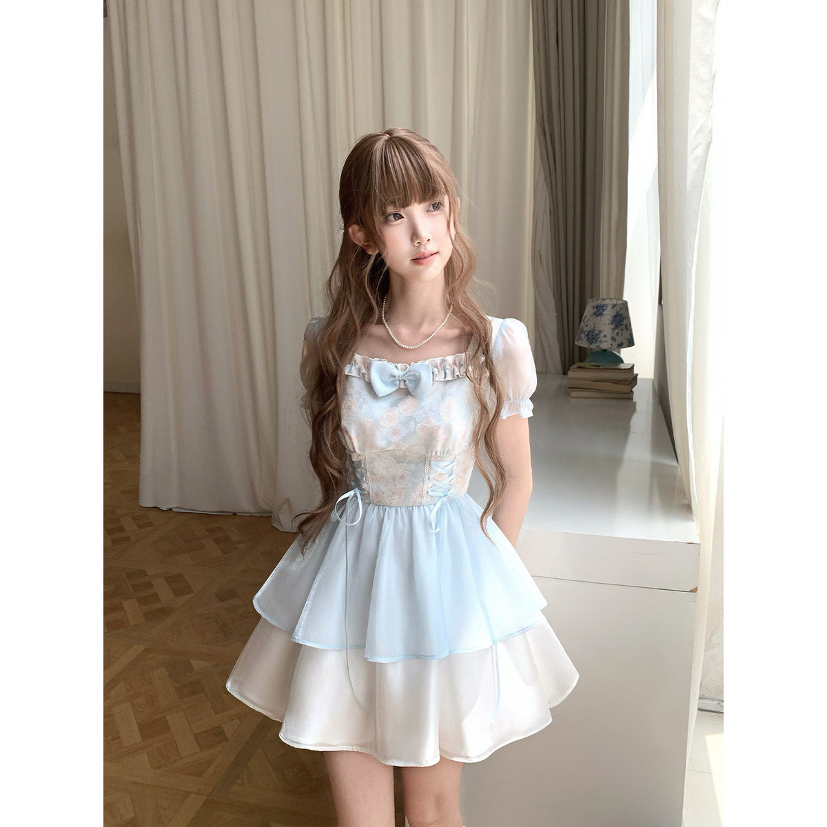 Square Neck Floral Puff-Sleeve Dress LAL0201