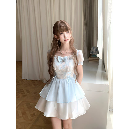 Square Neck Floral Puff-Sleeve Dress LAL0201