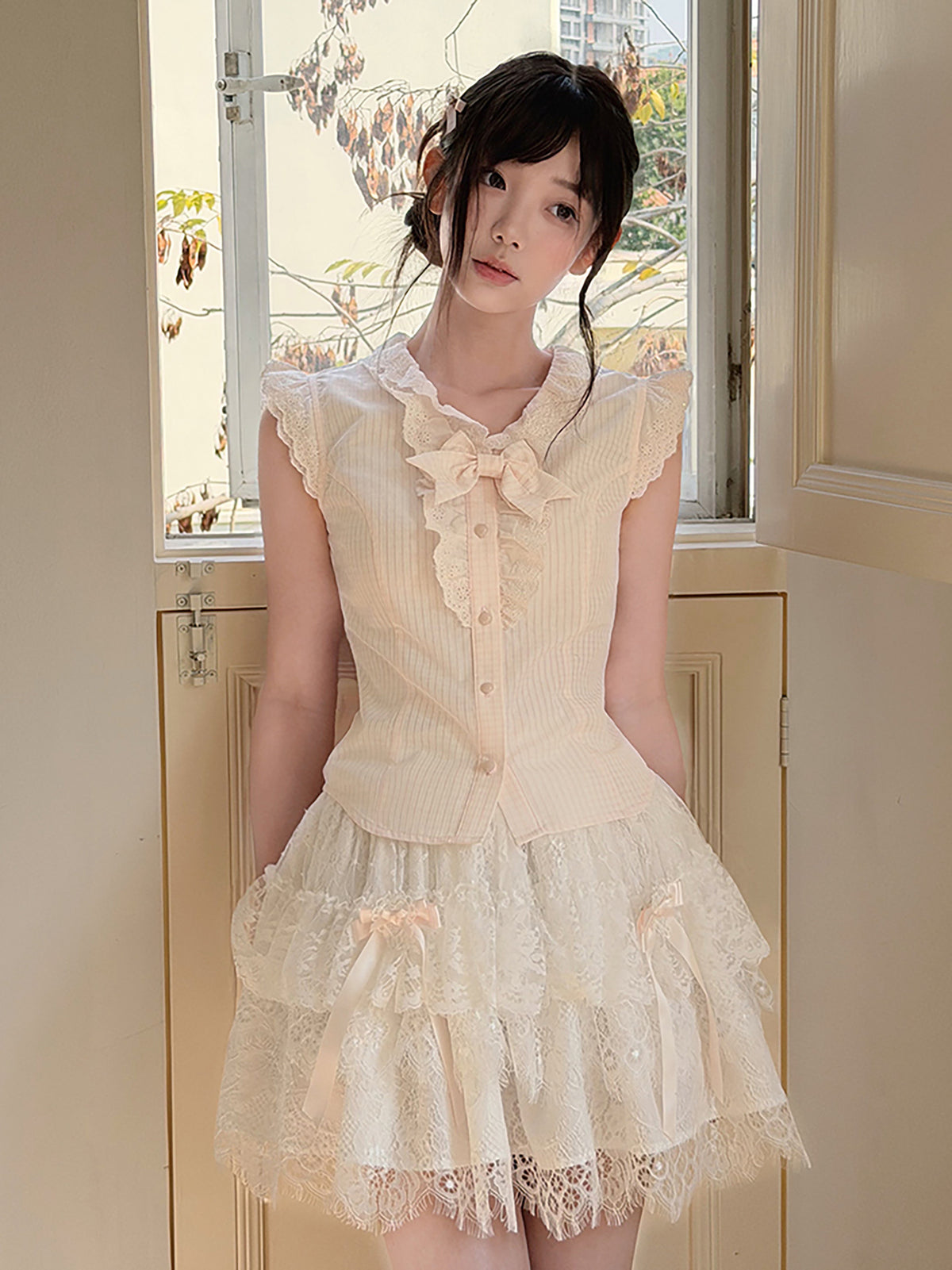 Apricot Pleated Bow Collar Blouse LAL0174