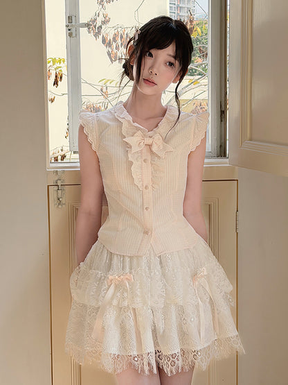 Apricot Pleated Bow Collar Blouse LAL0174