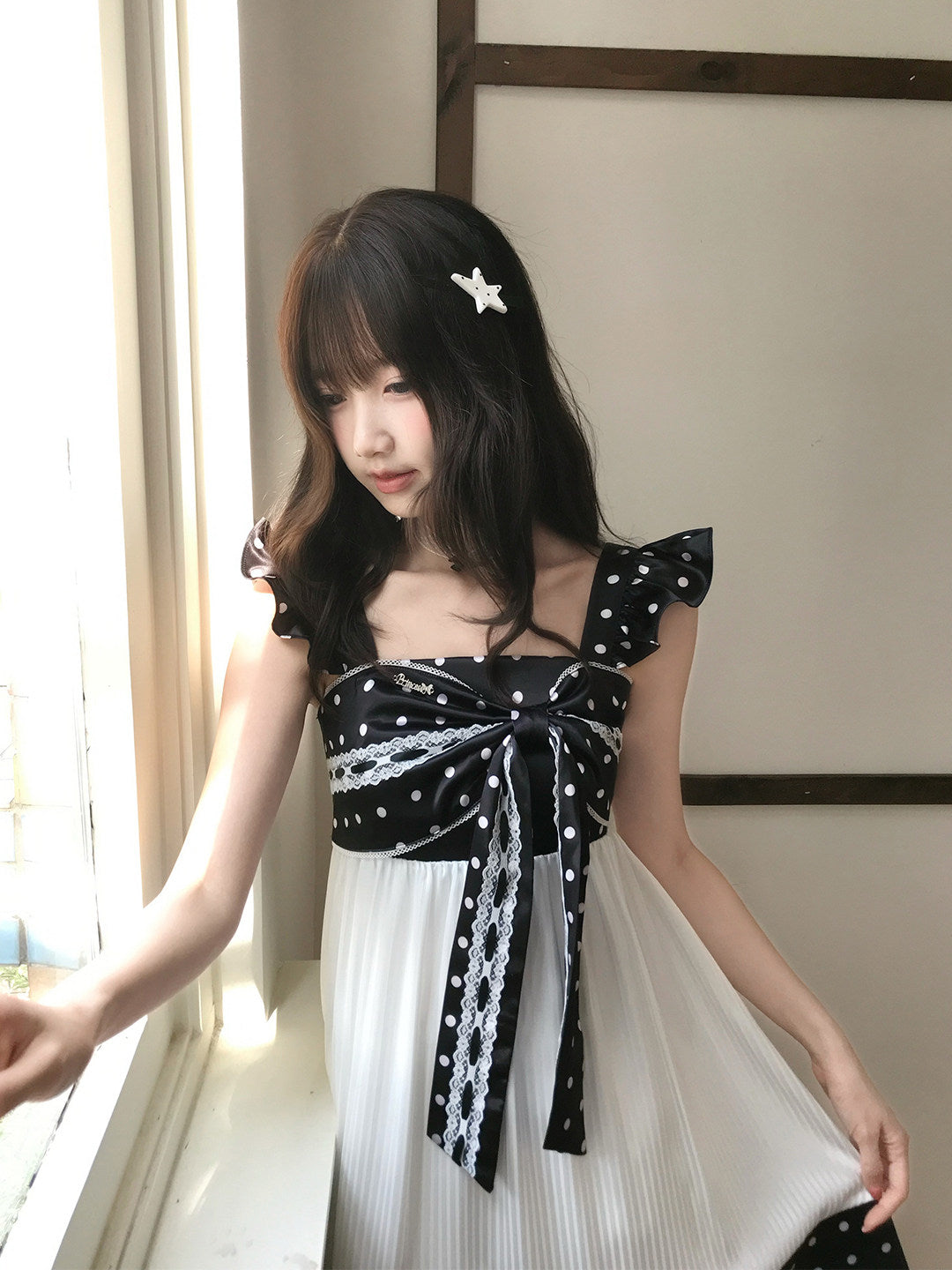 Polka Dot Bow Tie Pleated Dress LAL0193