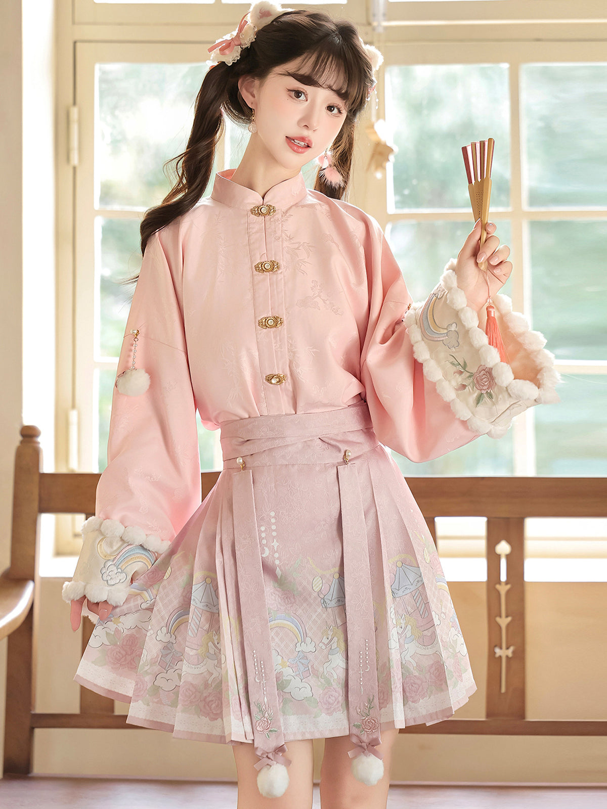 Chinese Style Floral Embroidered Vest Top Pleated Skirt Set YOU0265