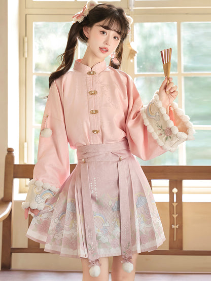 Chinese Style Floral Embroidered Vest Top Pleated Skirt Set YOU0265